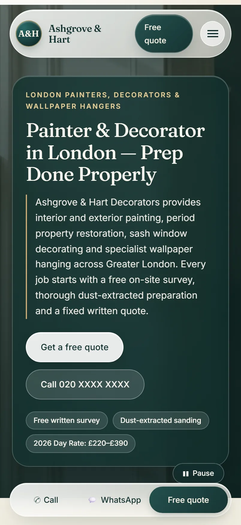 Ashgrove & Hart Decorators concept demo website, a painter and decorator site built by TradesRank as a showcase, not a live client